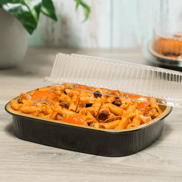 Black and Gold Foil Oblong Pan with Dome Lids 48 oz 50 Combo/Case