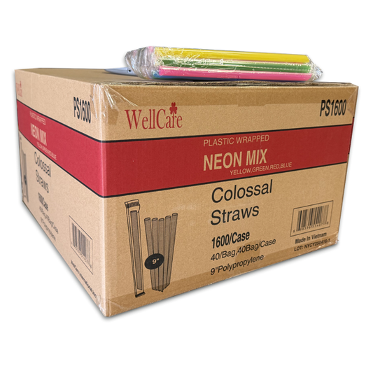 Boba Straws Poly Wrapped, Colossal, Diagonal Cut Mixed Colors 1600 Pcs/Case