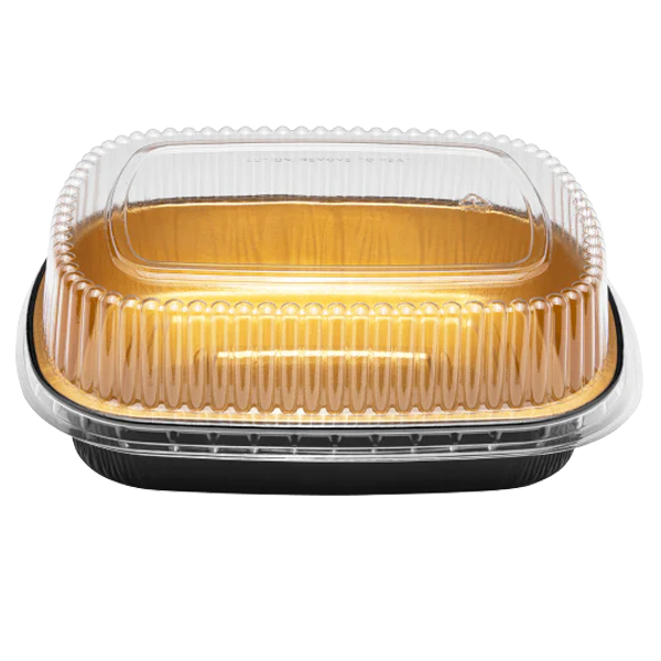 Black and Gold Foil Oblong Pan with Dome Lids 48 oz 50 Combo/Case